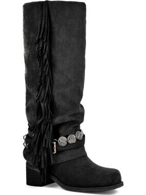 Stylish Knee High Riding Boots with Fringes, Buckle Straps, Chunky Heel, Square